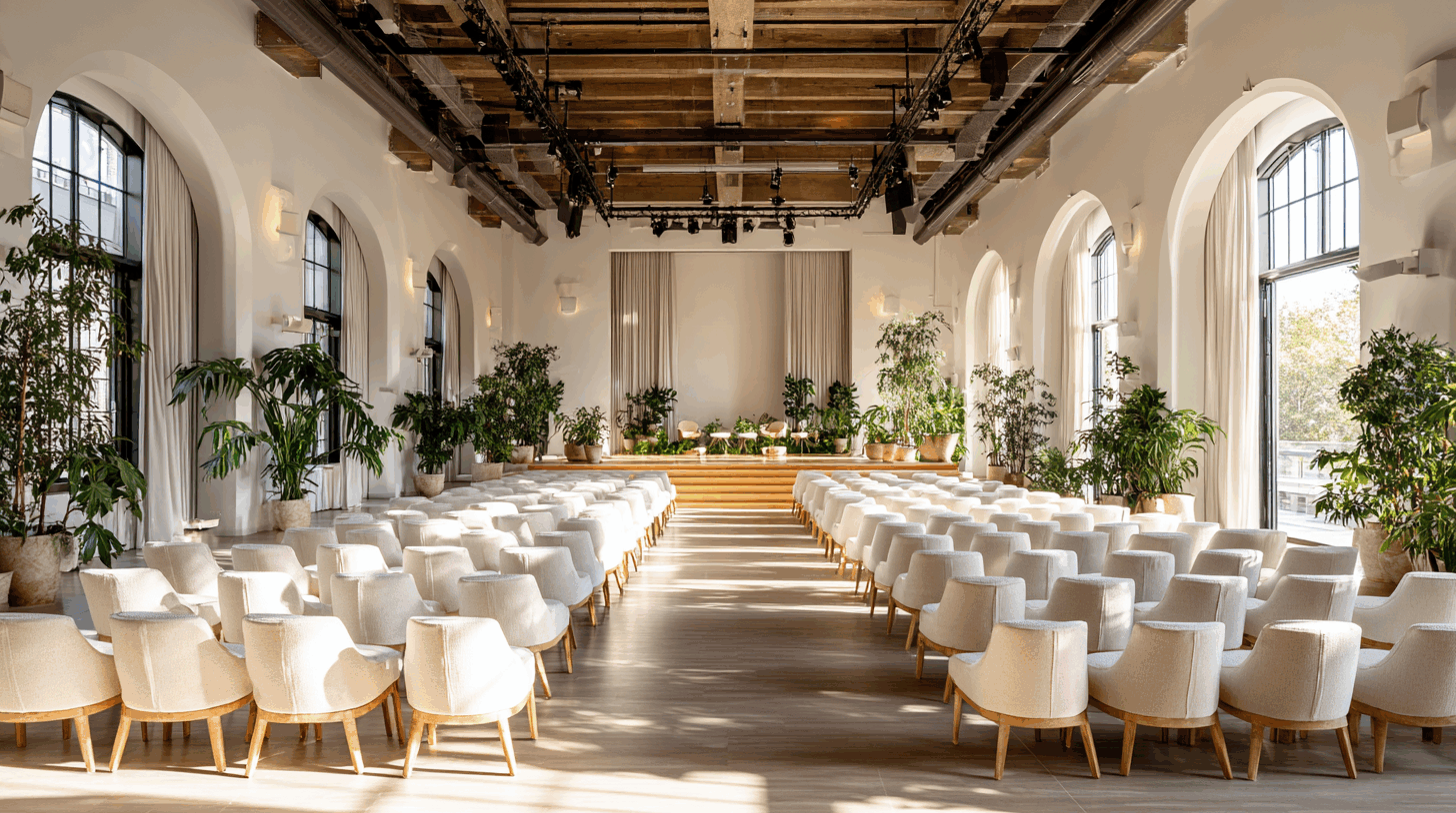 Folk&Curious : organisation de conférence et séminaire. Salle de réception lumineuse et végétalisée, aménagée pour un événement d'entreprise.