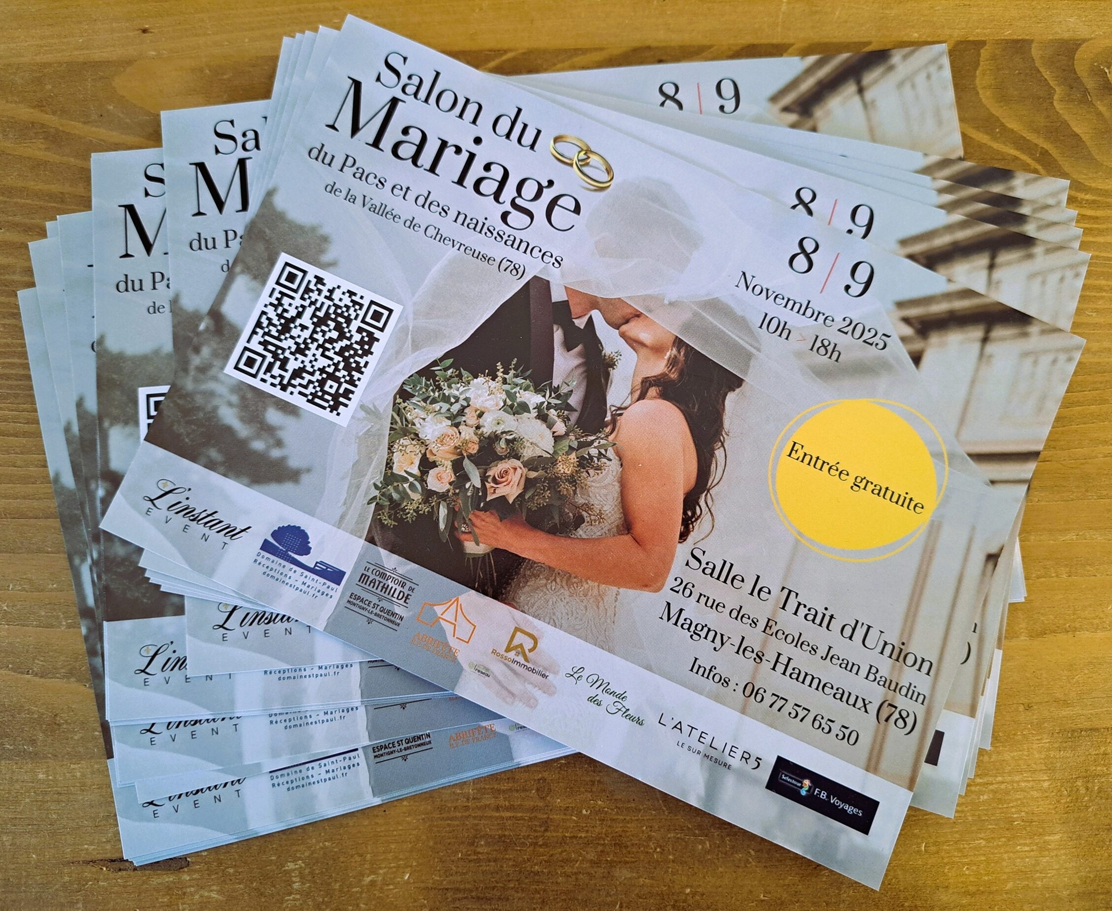 Flyer du salon du mariage, du Pacs et des naissances, 78114 Magny-les-Hameaux, 8 et 9 novembre 2025. Coorganisé par Folk&Curious Evénements
