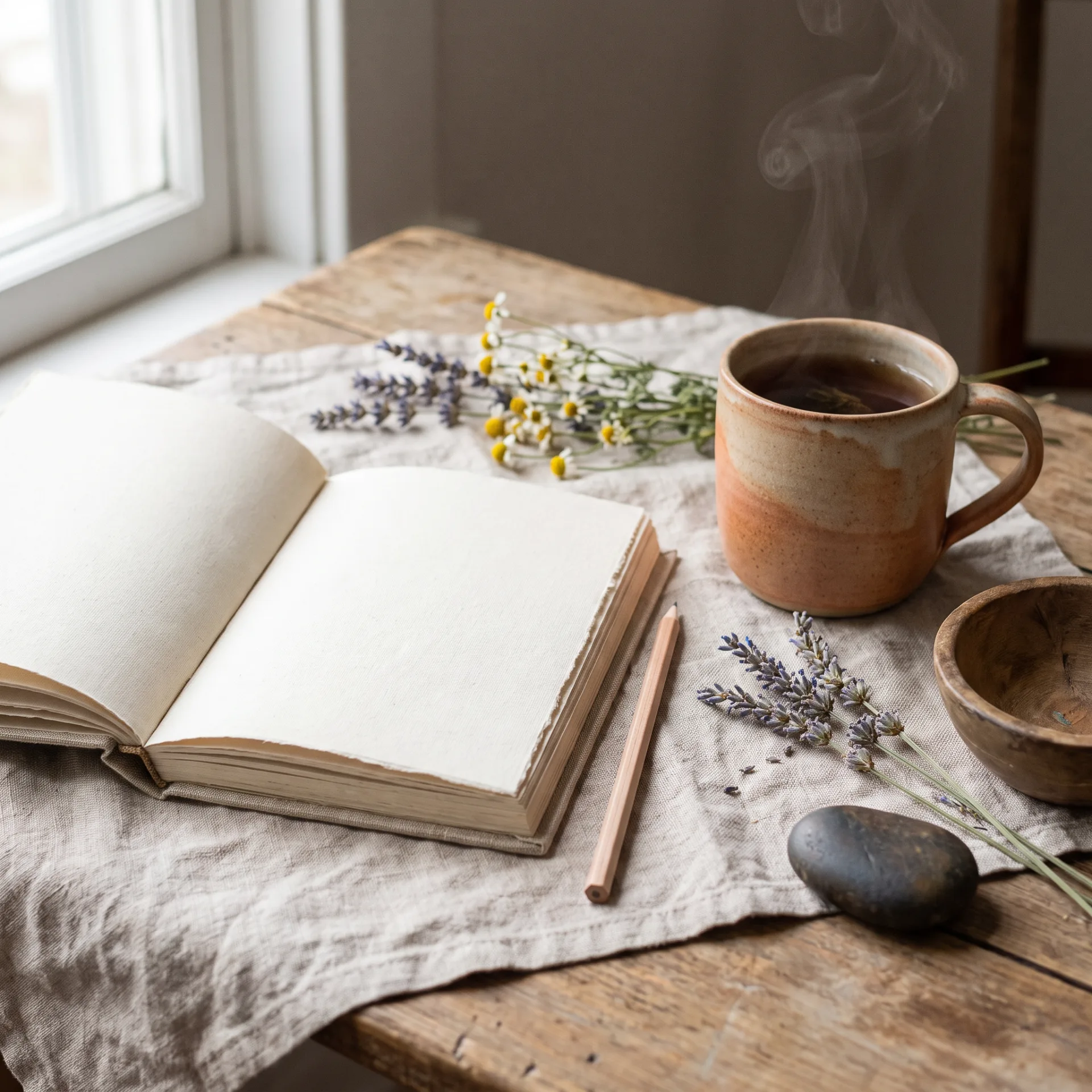 Carnet, tisane et fleurs séchées sur une nappe en lin