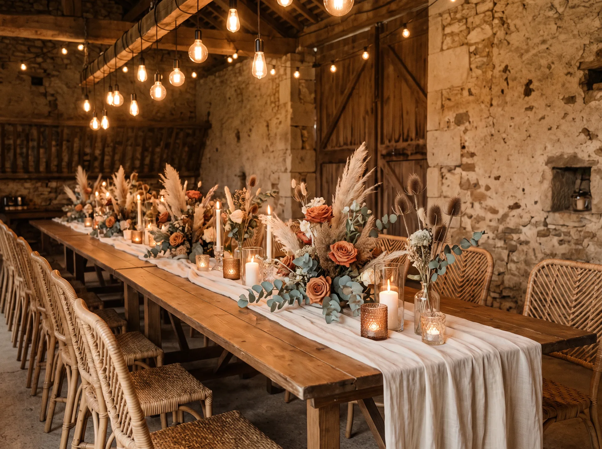 Décoration de mariage bohème dans une grange