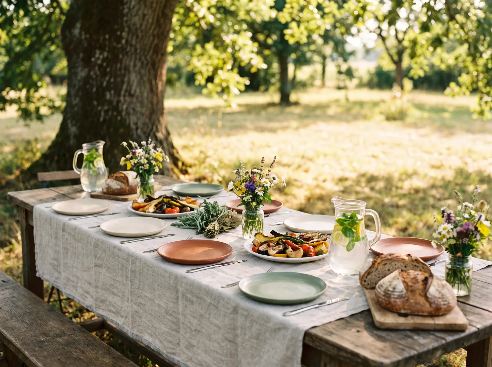 Longue table dressée sous un chêne pour un repas de saison partagé