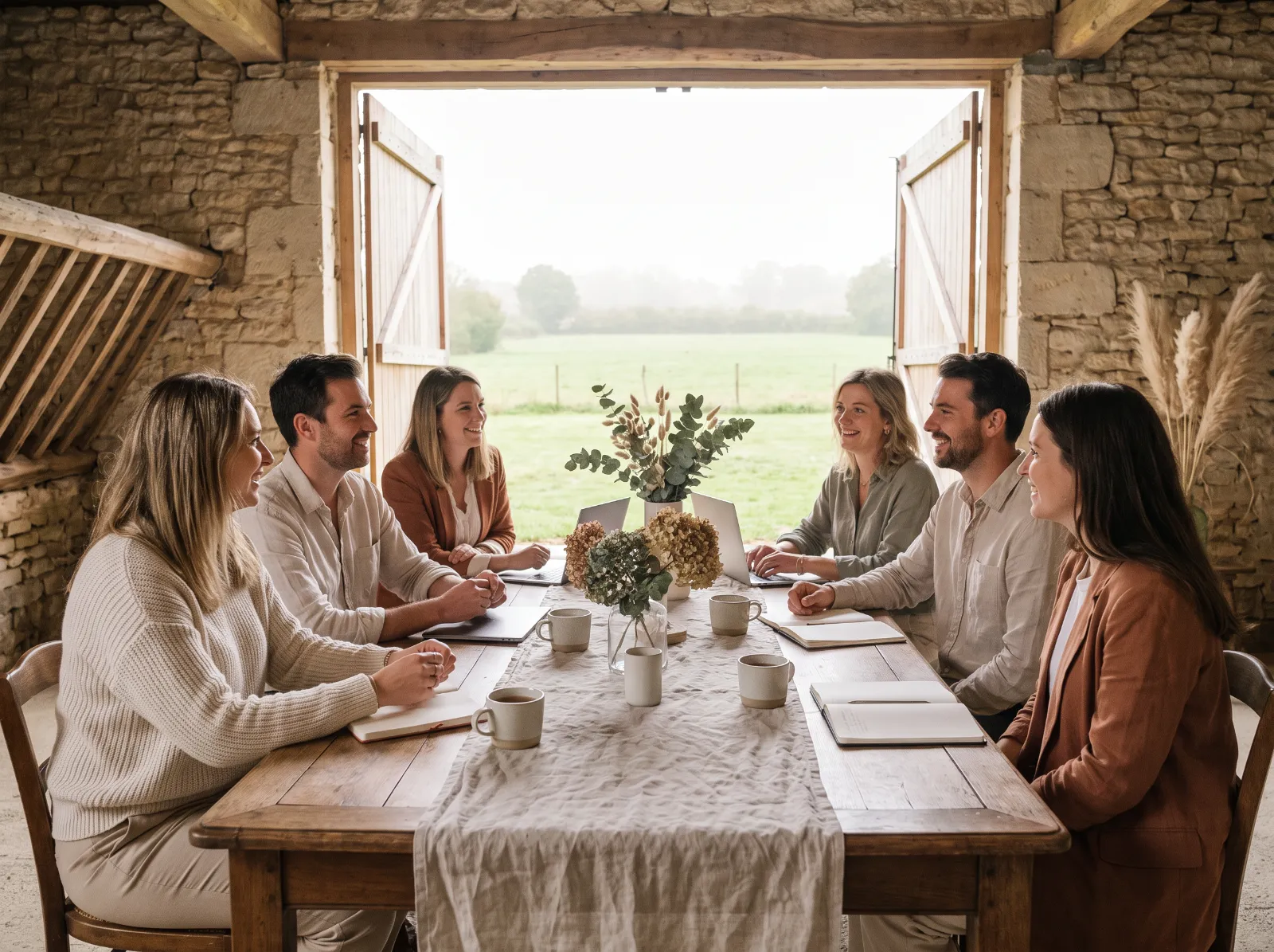 Séminaire d'équipe dans une grange rénovée à la campagne